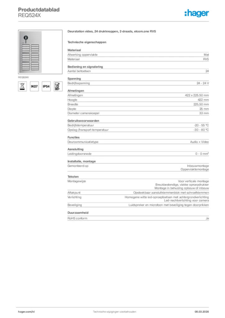 Afbeelding Hager Productdatablad REQ524X | Hager Nederland