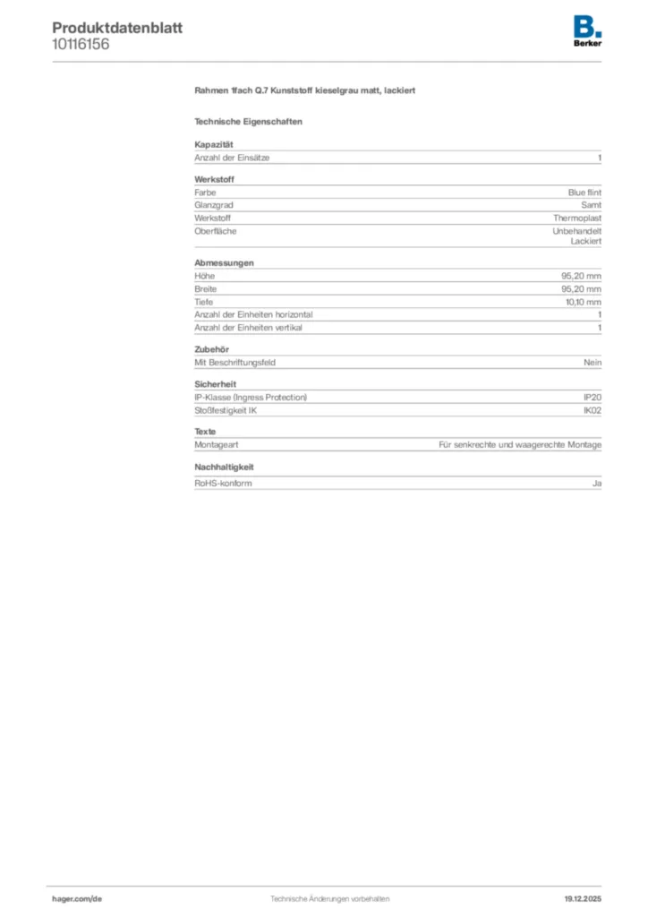 Bild Berker Produktdatenblatt 10116156 | Hager Deutschland