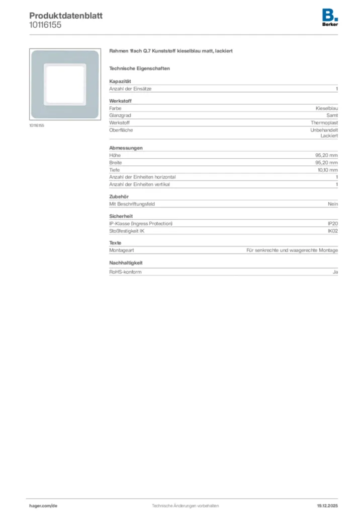 Bild Berker Produktdatenblatt 10116155 | Hager Deutschland