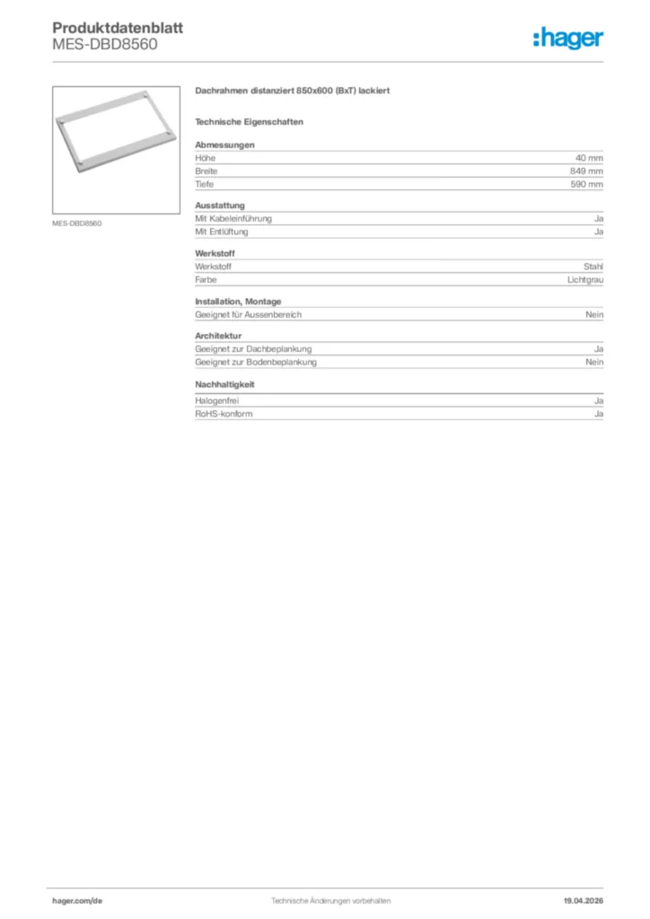 Bild Hager Produktdatenblatt MES-DBD8560 | Hager Deutschland