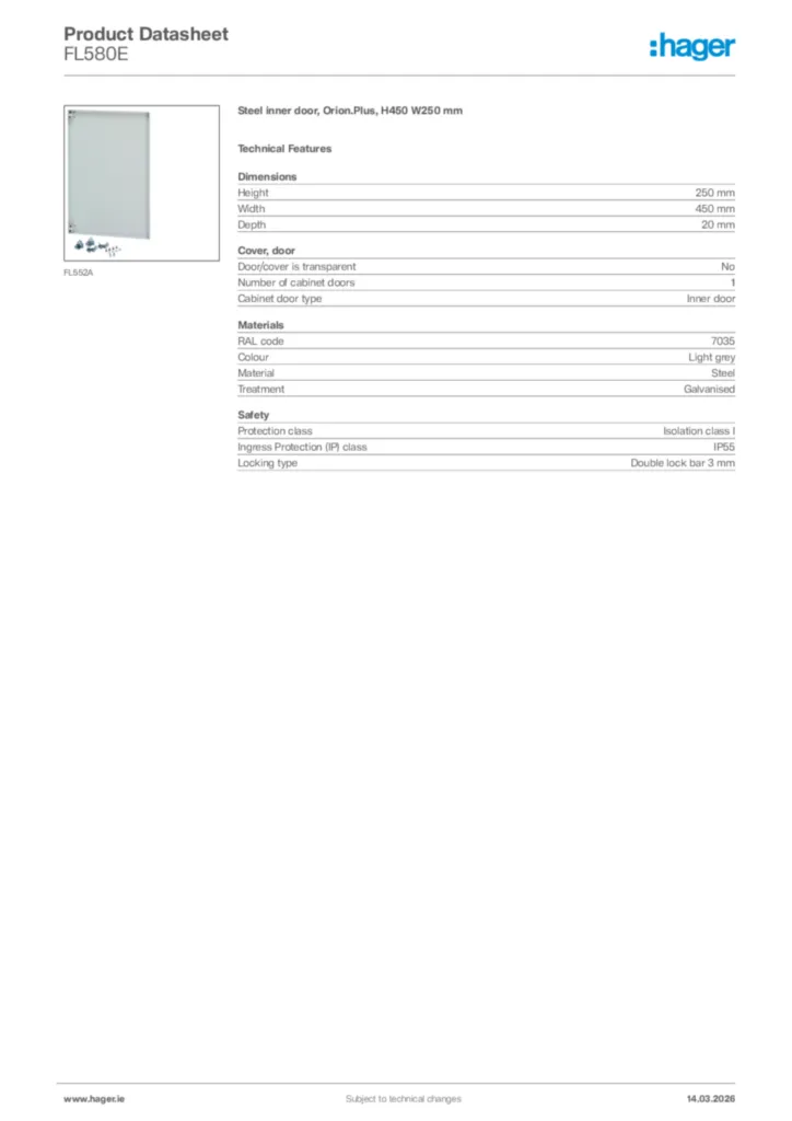 Image Hager Product data sheet FL580E  | Hager
