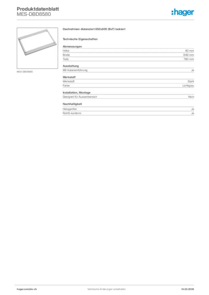 Bild Hager Produktdatenblatt MES-DBD8580 | Hager Schweiz