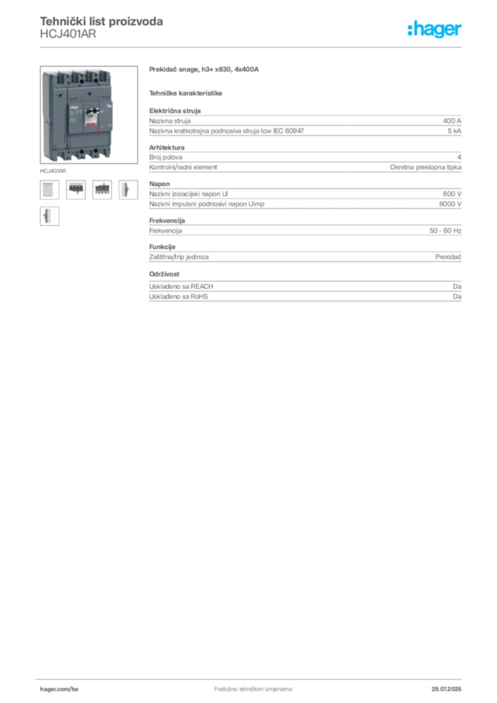 Slika Hager Product data sheet HCJ401AR  | Hager