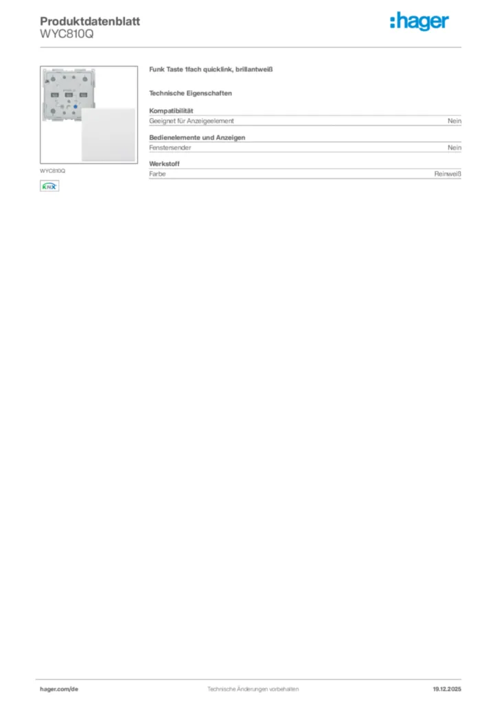 Bild Hager Produktdatenblatt WYC810Q | Hager Deutschland