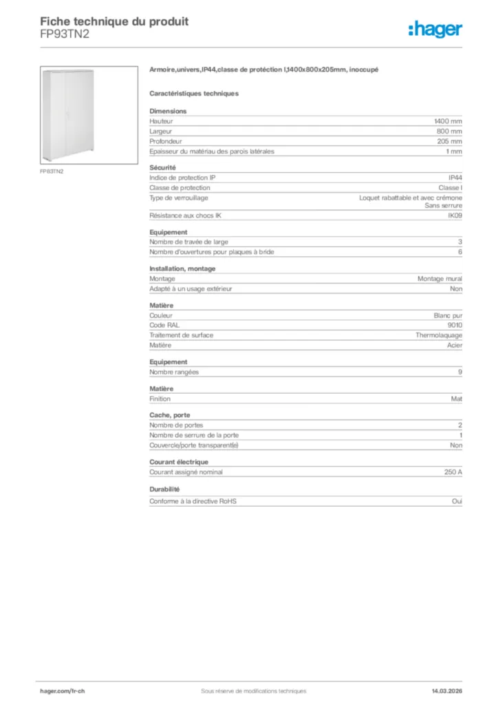 Image Hager Fiche technique du produit FP93TN2 | Hager Suisse