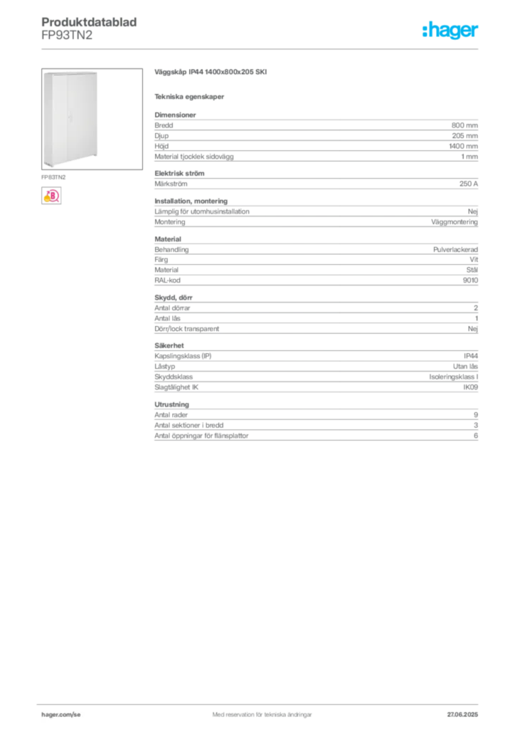 Bild Hager Produktdatablad FP93TN2 | Hager Sverige
