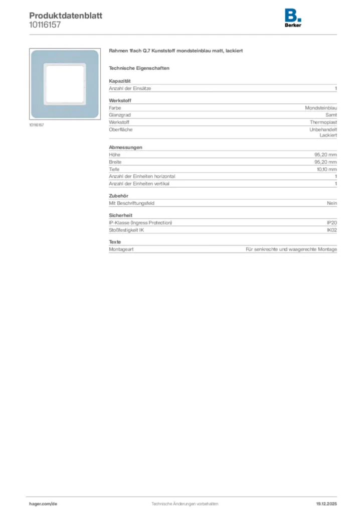 Bild Berker Produktdatenblatt 10116157 | Hager Deutschland