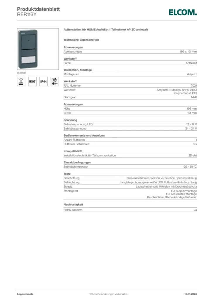 Bild Elcom Produktdatenblatt RER113Y | Hager Deutschland