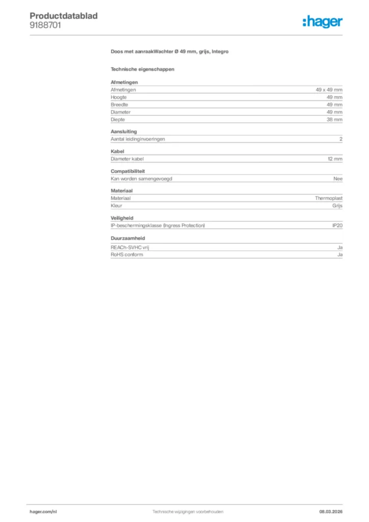 Afbeelding Hager Productdatablad 9188701 | Hager Nederland