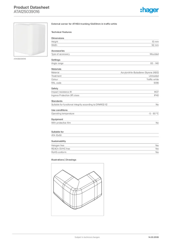 Image Hager Product data sheet ATA125039016  | Hager Africa