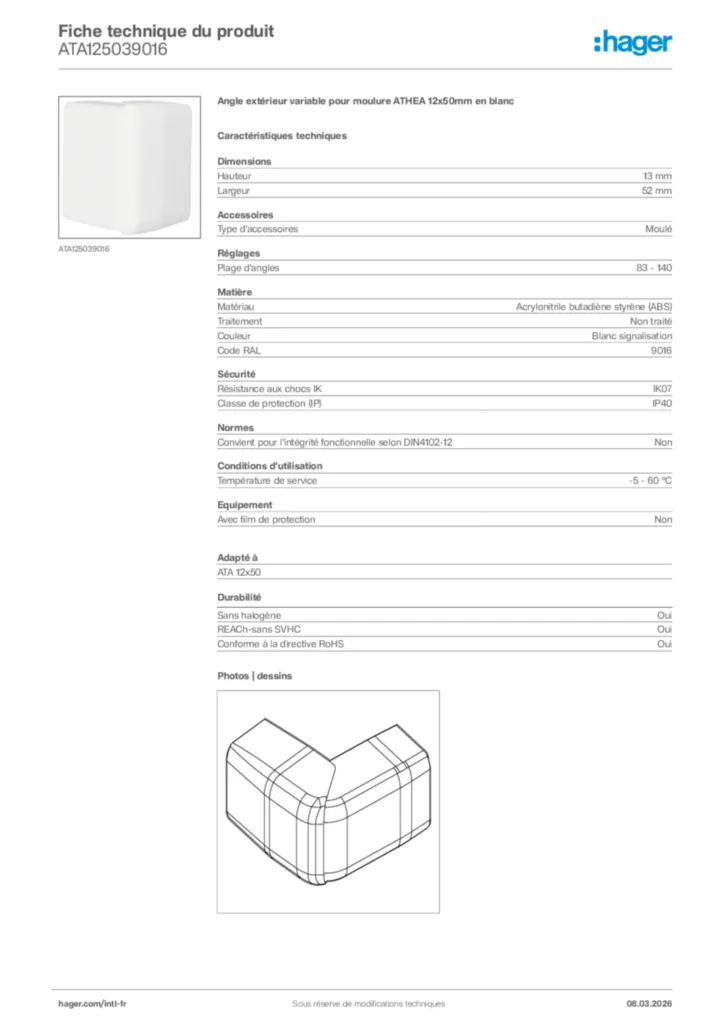 Image Hager Fiche technique du produit ATA125039016 | Hager Afrique