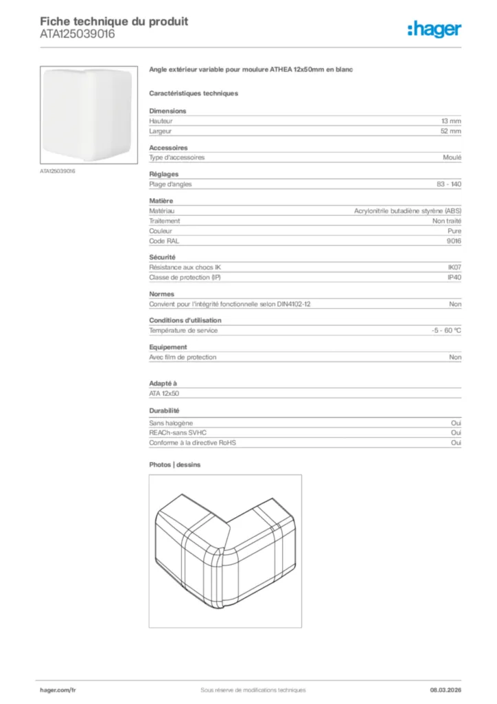 Image Hager Fiche technique du produit ATA125039016 | Hager France
