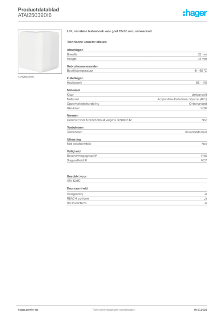 Afbeelding Hager Productdatablad ATA125039016 | Hager Belgium