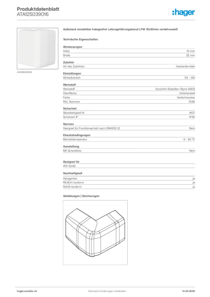 Bild Hager Produktdatenblatt ATA125039016 | Hager Schweiz