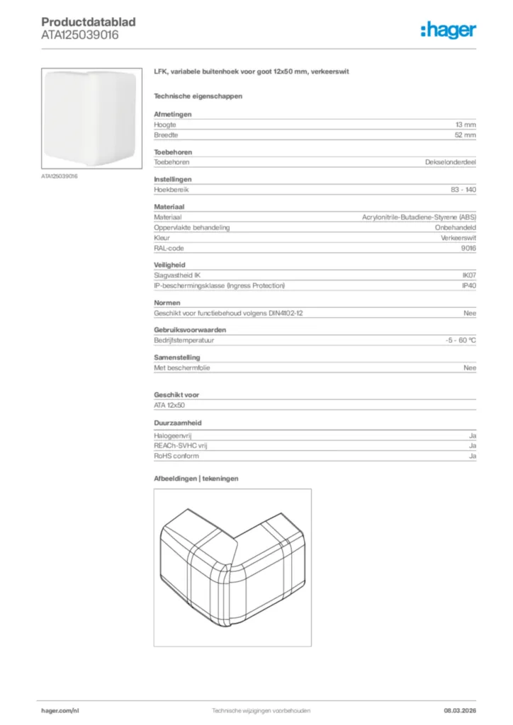 Afbeelding Hager Productdatablad ATA125039016 | Hager Nederland
