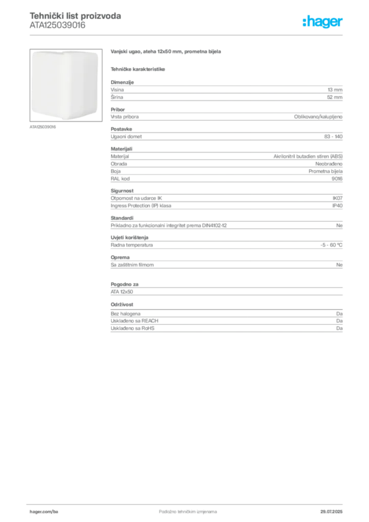 Slika Hager Product data sheet ATA125039016  | Hager