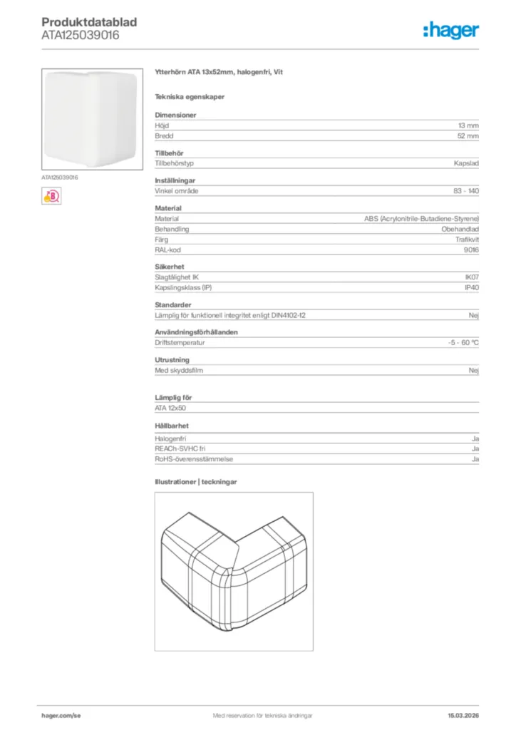 Bild Hager Produktdatablad ATA125039016 | Hager Sverige