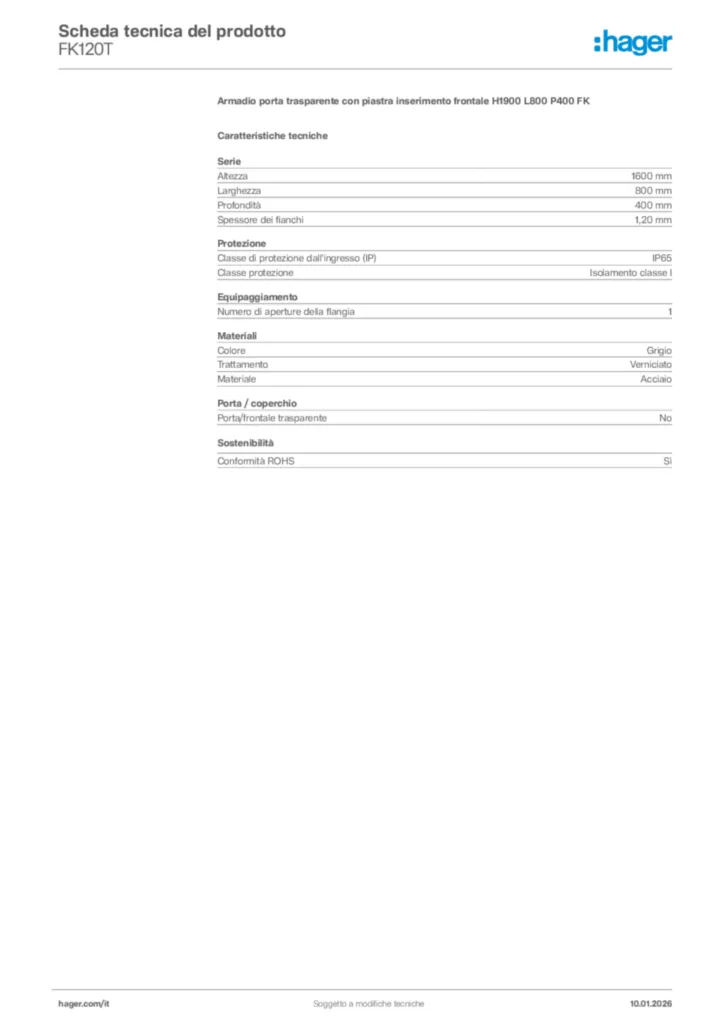 Immagine Hager Scheda tecnica del prodotto FK120T | Hager Italia