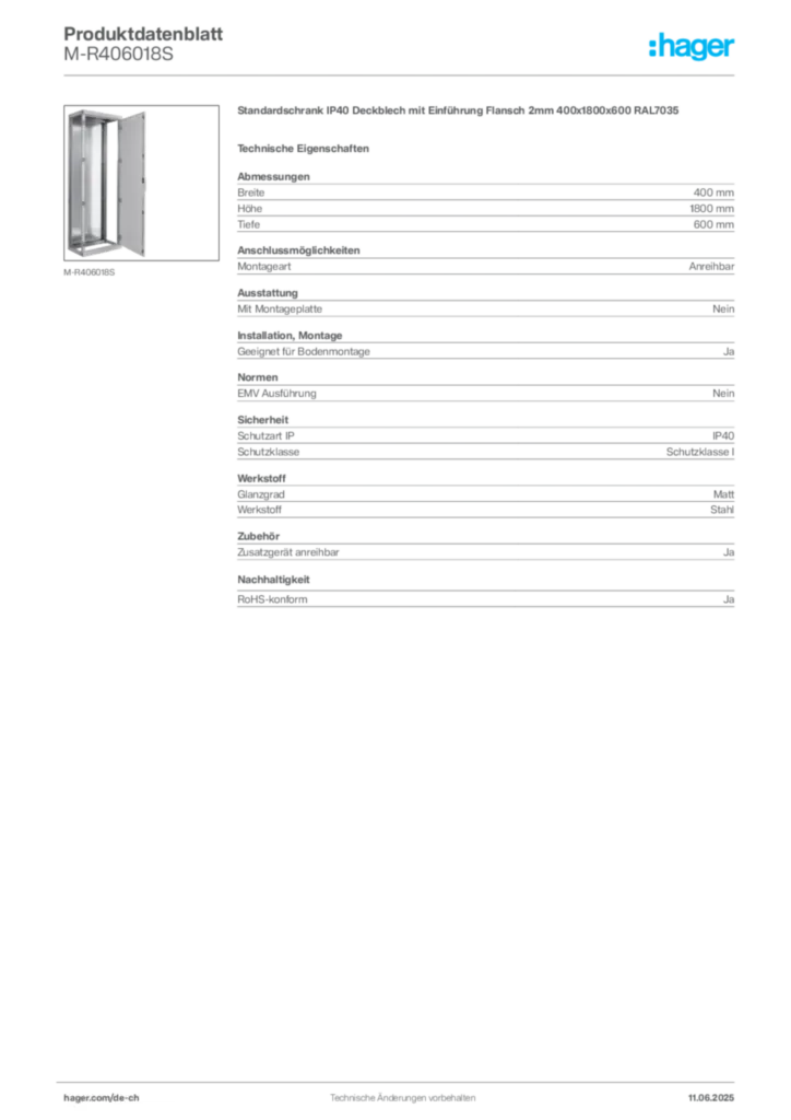 Bild Hager Produktdatenblatt M-R406018S | Hager Schweiz