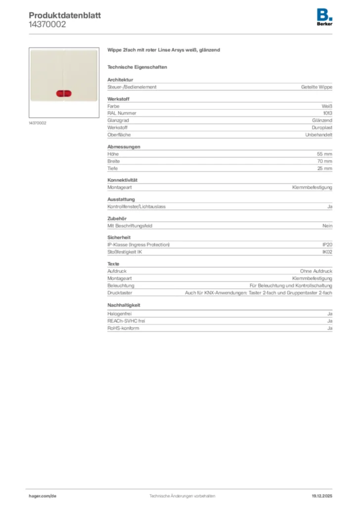 Bild Hager Produktdatenblatt 14370002 | Hager Deutschland