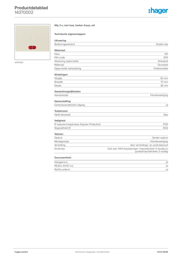 Afbeelding Hager Productdatablad 14370002 | Hager Nederland