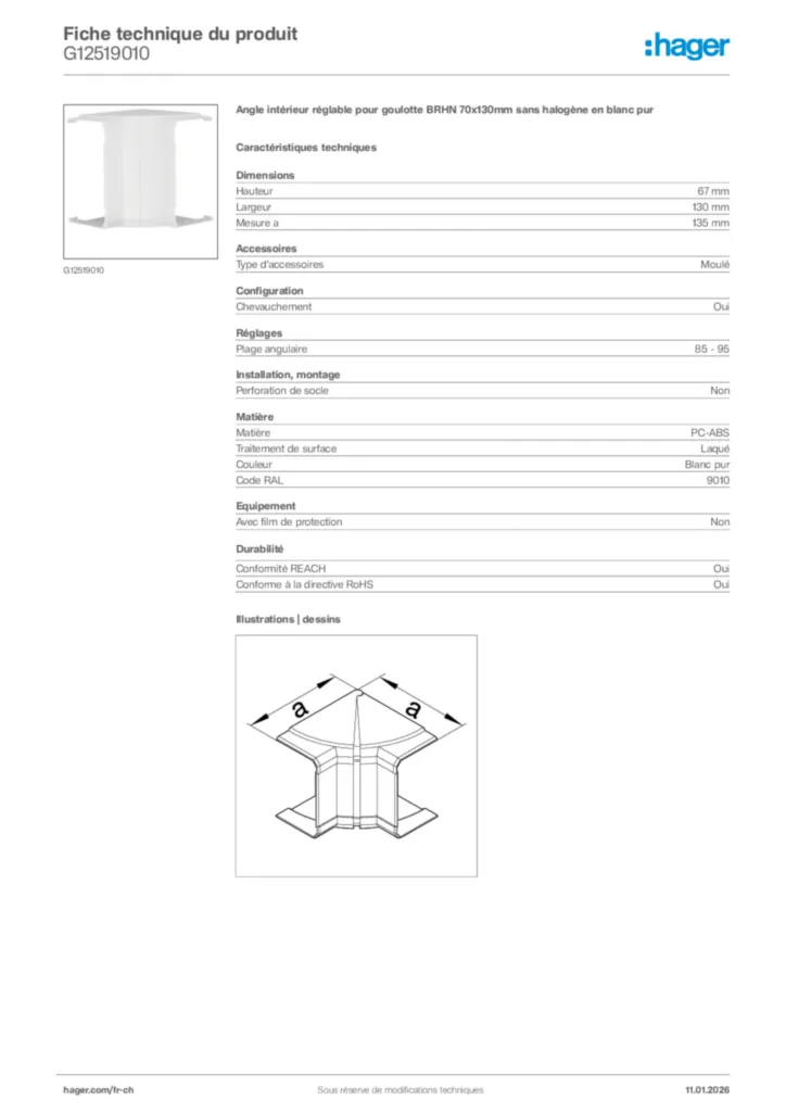 Image Hager Fiche technique du produit G12519010 | Hager Suisse