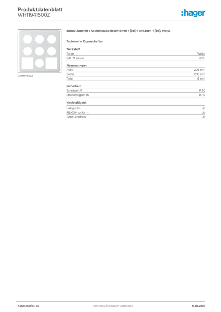 Bild Hager Produktdatenblatt WH11941500Z | Hager Schweiz