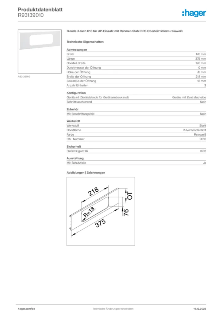 Bild Hager Produktdatenblatt R93139010 | Hager Deutschland