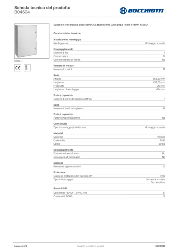 Immagine Bocchiotti Scheda tecnica del prodotto B04604 | Hager Italia