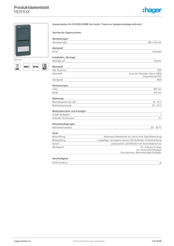 Bild Hager Produktdatenblatt RER113X | Hager Schweiz