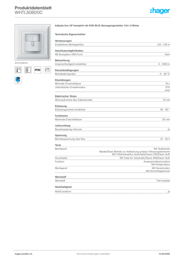 Bild Hager Produktdatenblatt WHTL50600C | Hager Schweiz