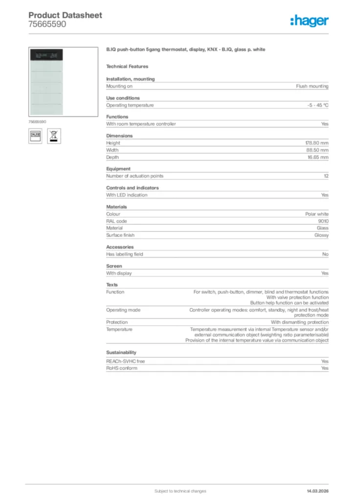 Image Hager Product data sheet 75665590  | Hager Africa