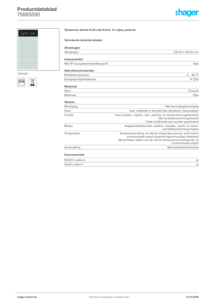 Afbeelding Hager Productdatablad 75665590 | Hager Belgium