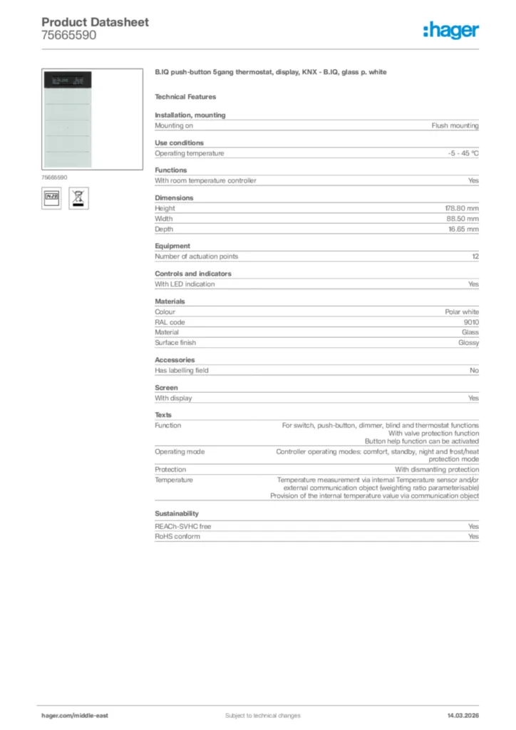 Image Hager Product data sheet 75665590  | Hager