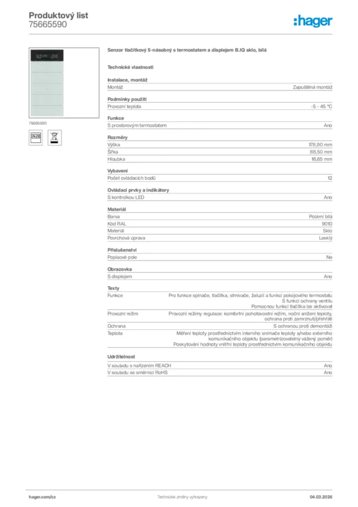 Obrázek Hager Product data sheet 75665590 | Hager
