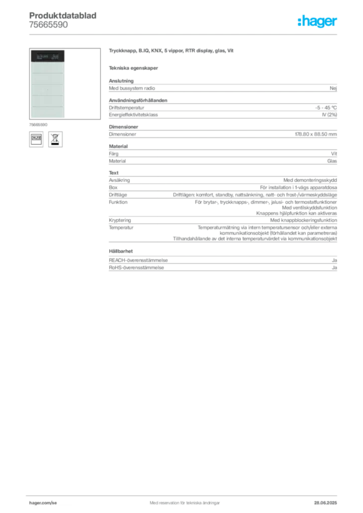 Bild Hager Produktdatablad 75665590 | Hager Sverige