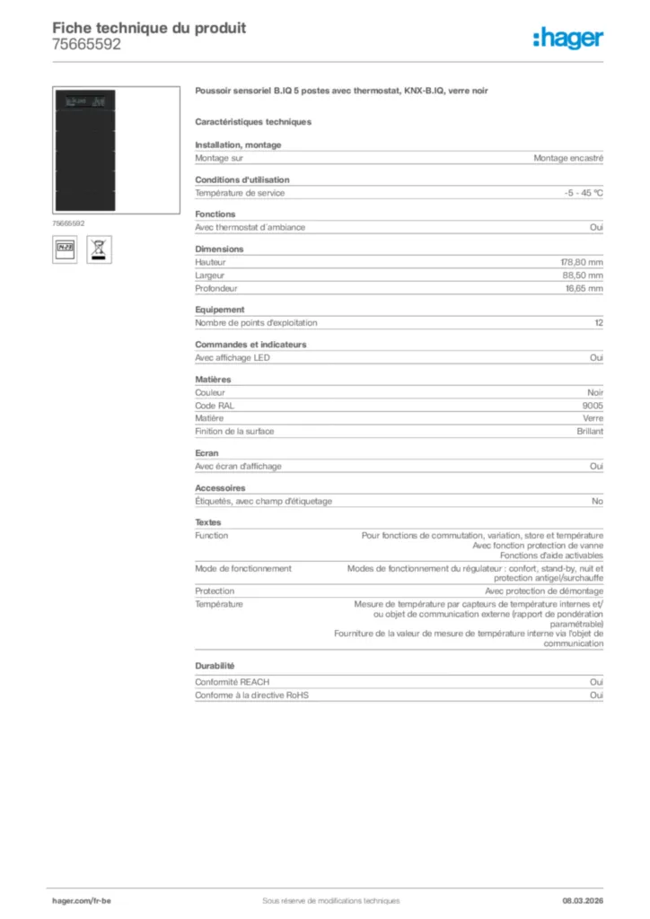 Image Hager Fiche technique du produit 75665592 | Hager Belgique