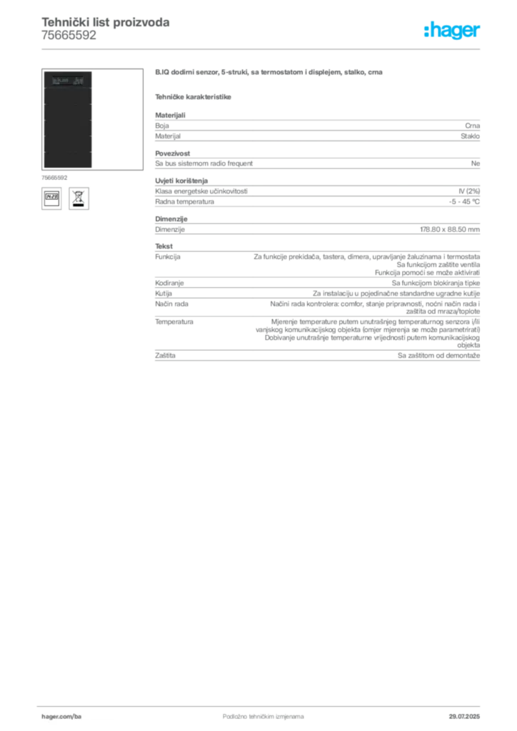 Slika Hager Product data sheet 75665592  | Hager