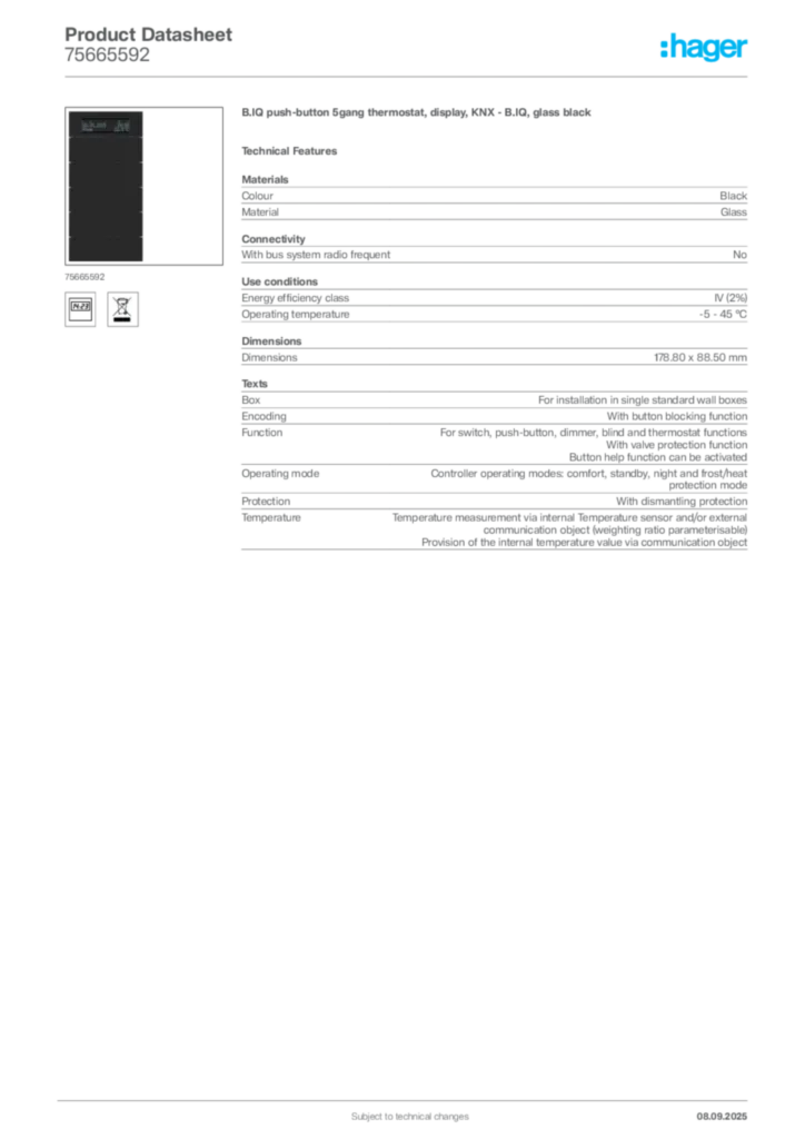 Image Hager Product data sheet 75665592  | Hager