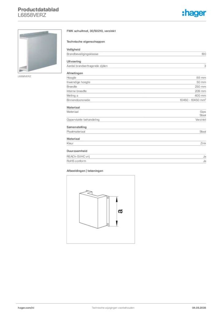 Afbeelding Hager Productdatablad L6858VERZ | Hager Nederland