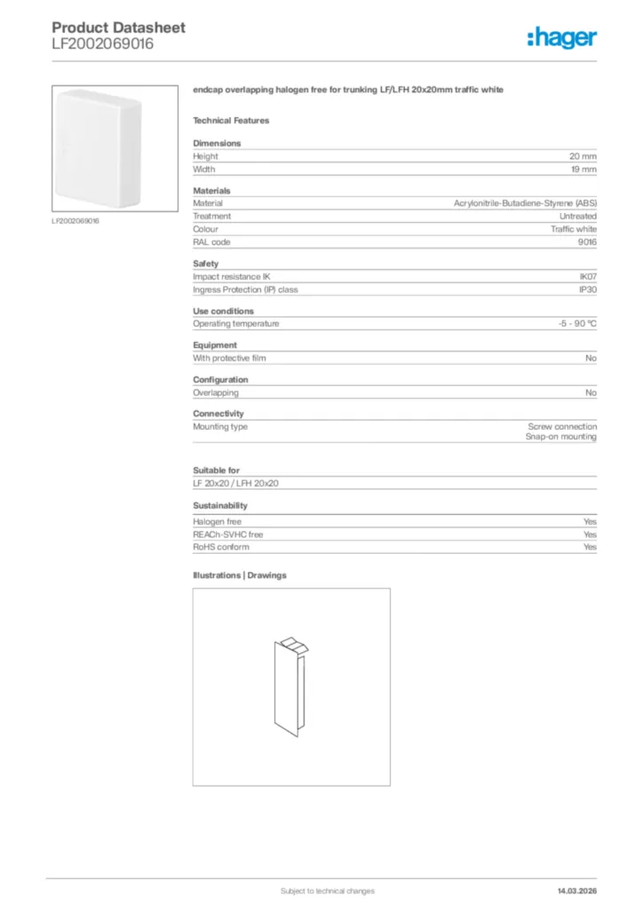 Image Hager Product data sheet LF2002069016  | Hager Africa