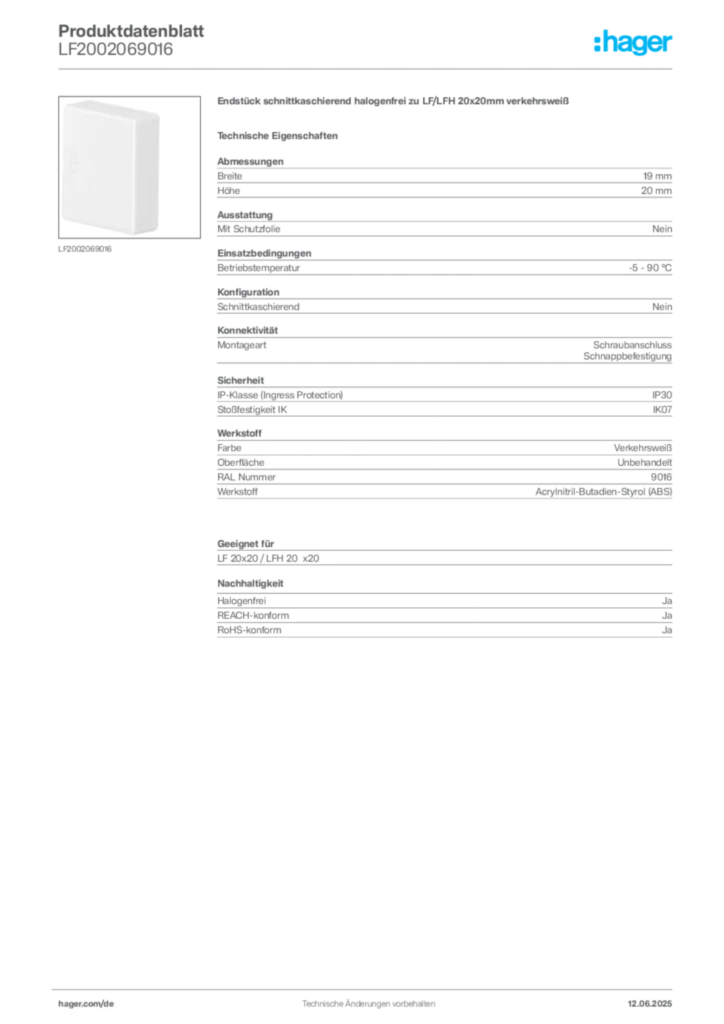Bild Hager Produktdatenblatt LF2002069016 | Hager Deutschland