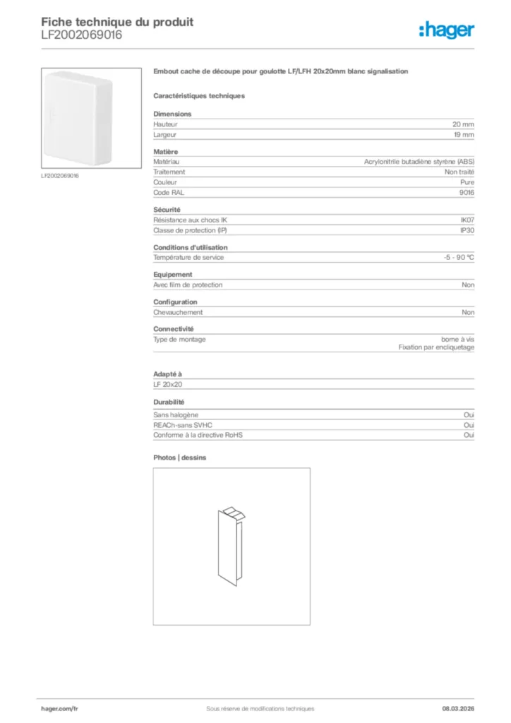 Image Hager Fiche technique du produit LF2002069016 | Hager France