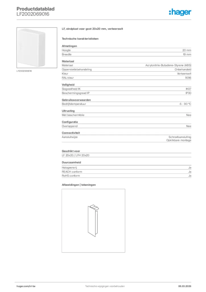 Afbeelding Hager Productdatablad LF2002069016 | Hager Belgium