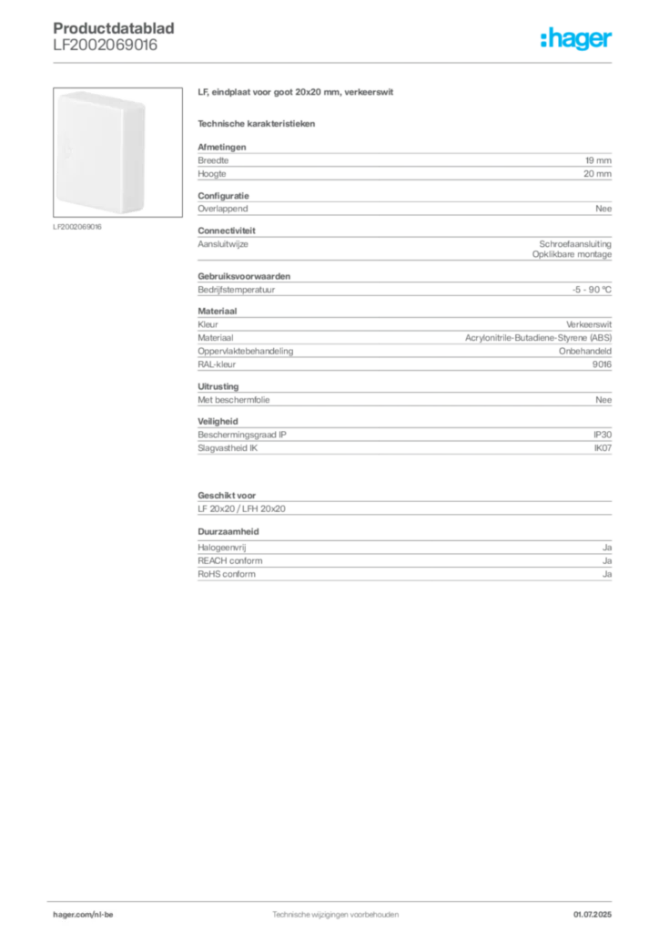 Afbeelding Hager Productdatablad LF2002069016 | Hager Belgium