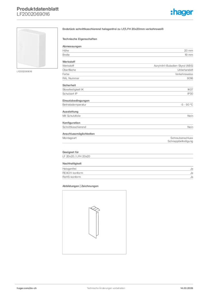 Bild Hager Produktdatenblatt LF2002069016 | Hager Schweiz