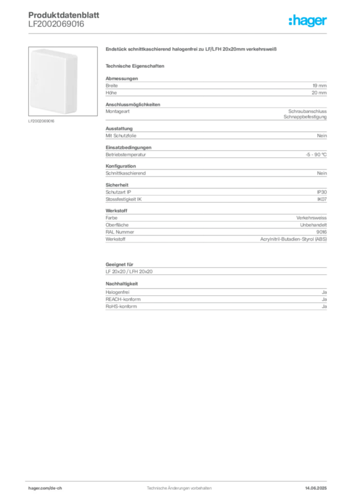 Bild Hager Produktdatenblatt LF2002069016 | Hager Schweiz