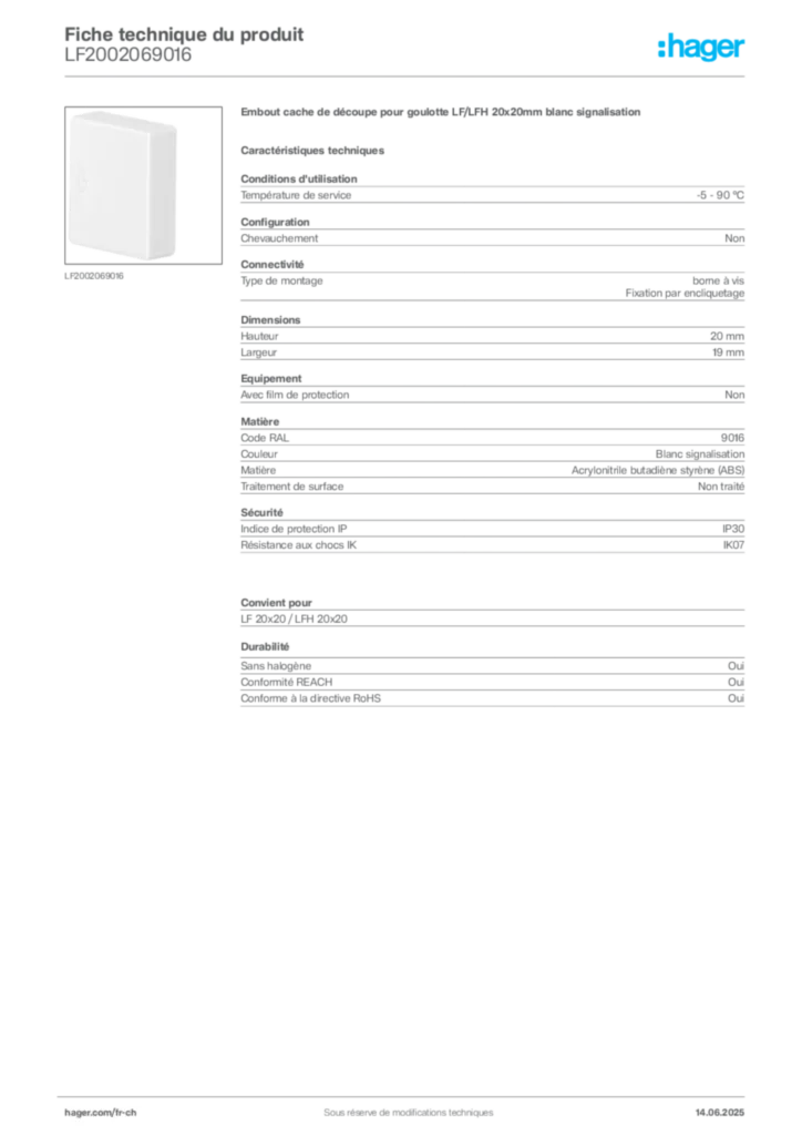 Image Hager Fiche technique du produit LF2002069016 | Hager Suisse