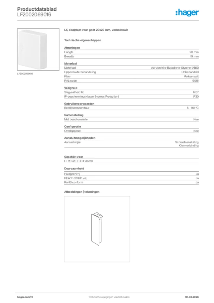 Afbeelding Hager Productdatablad LF2002069016 | Hager Nederland