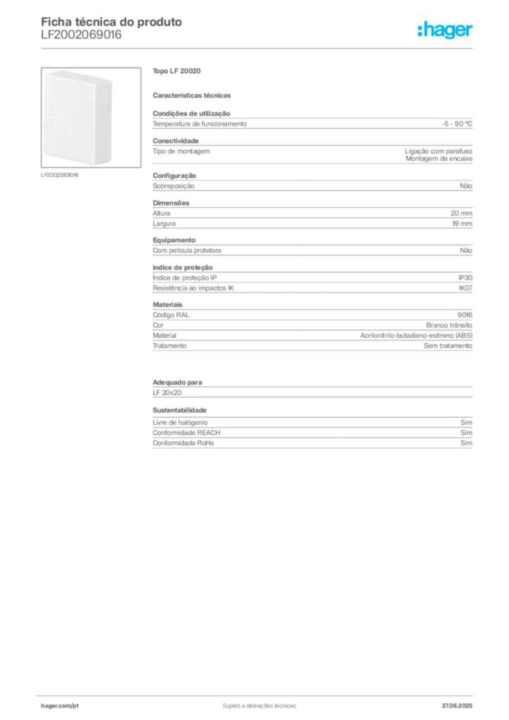 Imagem Hager Ficha técnica do produto LF2002069016 | Hager Portugal
